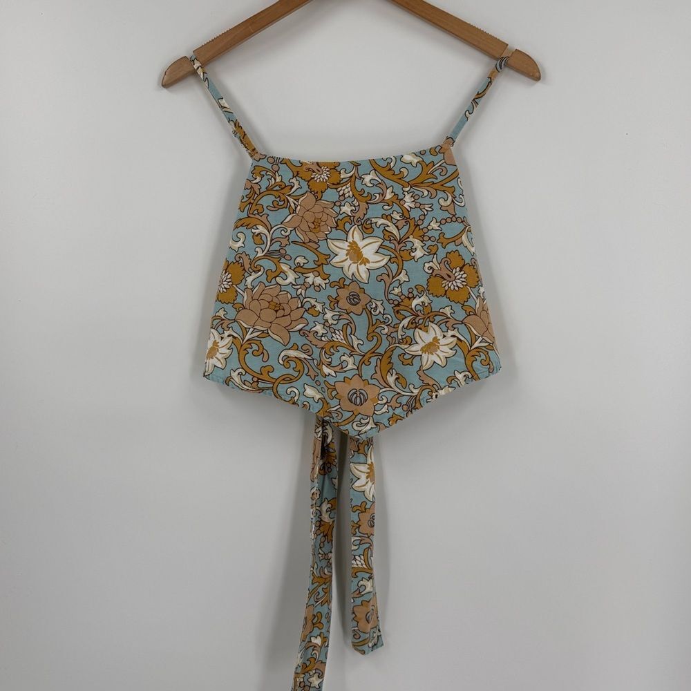 Midnight Sky Floral Bandana Front Smocked Tie Back Crop Top | Blue/Multi | Large